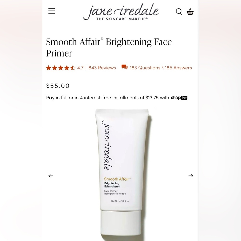 Jane iredale  brightening hydrating Face primer, fresh glowing skin, compliments